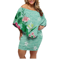 Hawaii Tropical Flowers Family Matching Off Shoulder Short Dress and Hawaiian Shirt Polynesian Tattoo Mint Green