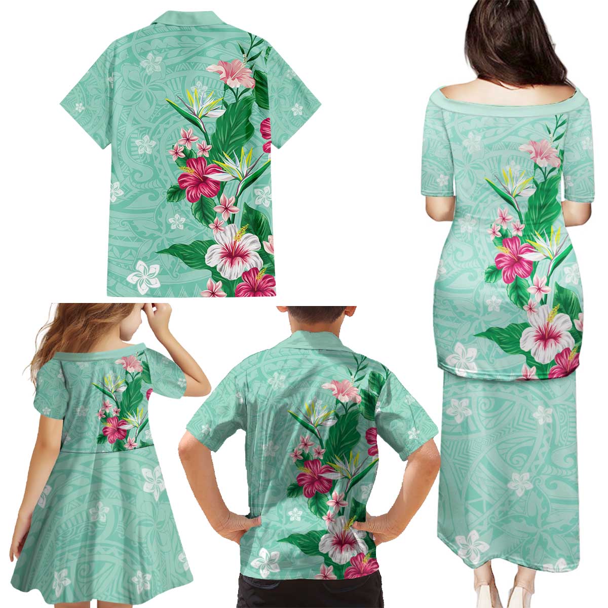 Hawaii Tropical Flowers Family Matching Puletasi and Hawaiian Shirt Polynesian Tattoo Mint Green LT05 - Polynesian Pride