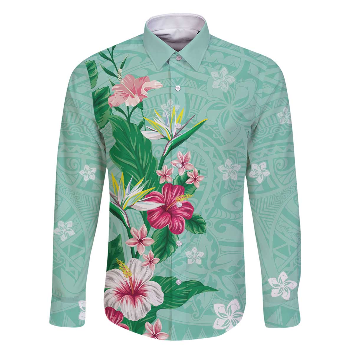 Hawaii Tropical Flowers Family Matching Puletasi and Hawaiian Shirt Polynesian Tattoo Mint Green LT05 Dad's Shirt - Long Sleeve Green - Polynesian Pride