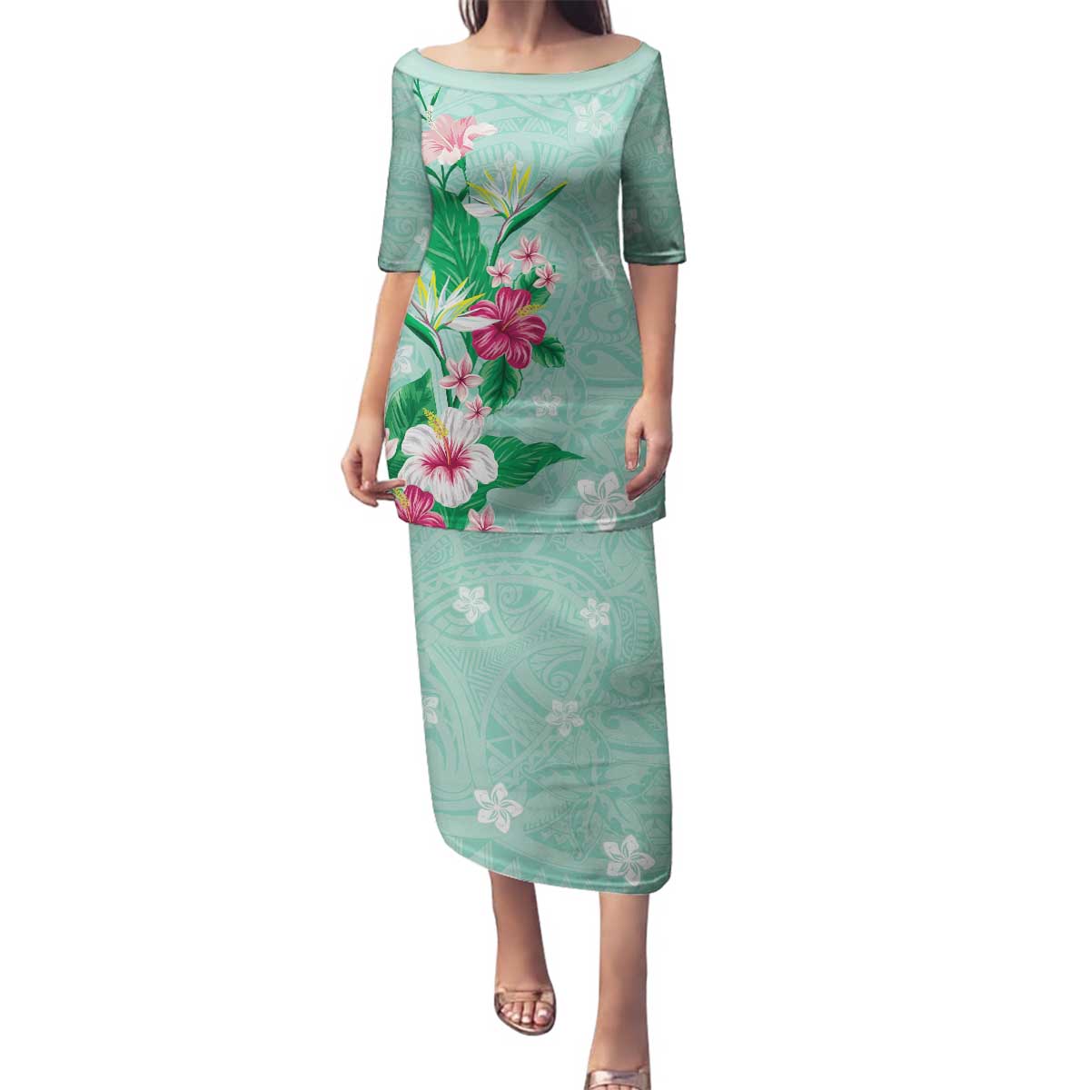 Hawaii Tropical Flowers Family Matching Puletasi and Hawaiian Shirt Polynesian Tattoo Mint Green LT05 Mom's Dress Green - Polynesian Pride
