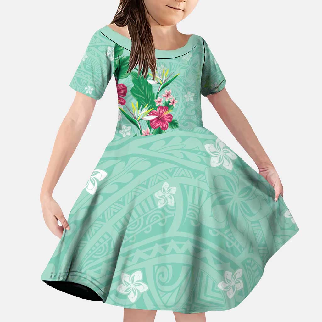 Hawaii Tropical Flowers Family Matching Short Sleeve Bodycon Dress and Hawaiian Shirt Polynesian Tattoo Mint Green LT05 Daughter's Dress Green - Polynesian Pride