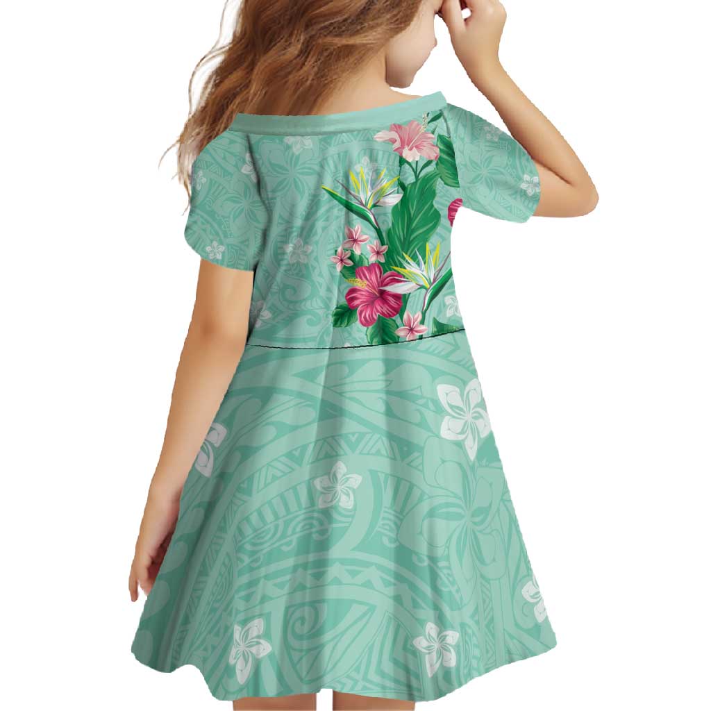 Hawaii Tropical Flowers Family Matching Short Sleeve Bodycon Dress and Hawaiian Shirt Polynesian Tattoo Mint Green LT05 - Polynesian Pride
