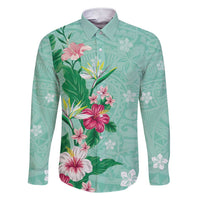 Hawaii Tropical Flowers Family Matching Short Sleeve Bodycon Dress and Hawaiian Shirt Polynesian Tattoo Mint Green LT05 Dad's Shirt - Long Sleeve Green - Polynesian Pride