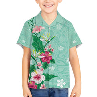 Hawaii Tropical Flowers Family Matching Short Sleeve Bodycon Dress and Hawaiian Shirt Polynesian Tattoo Mint Green LT05 Son's Shirt Green - Polynesian Pride