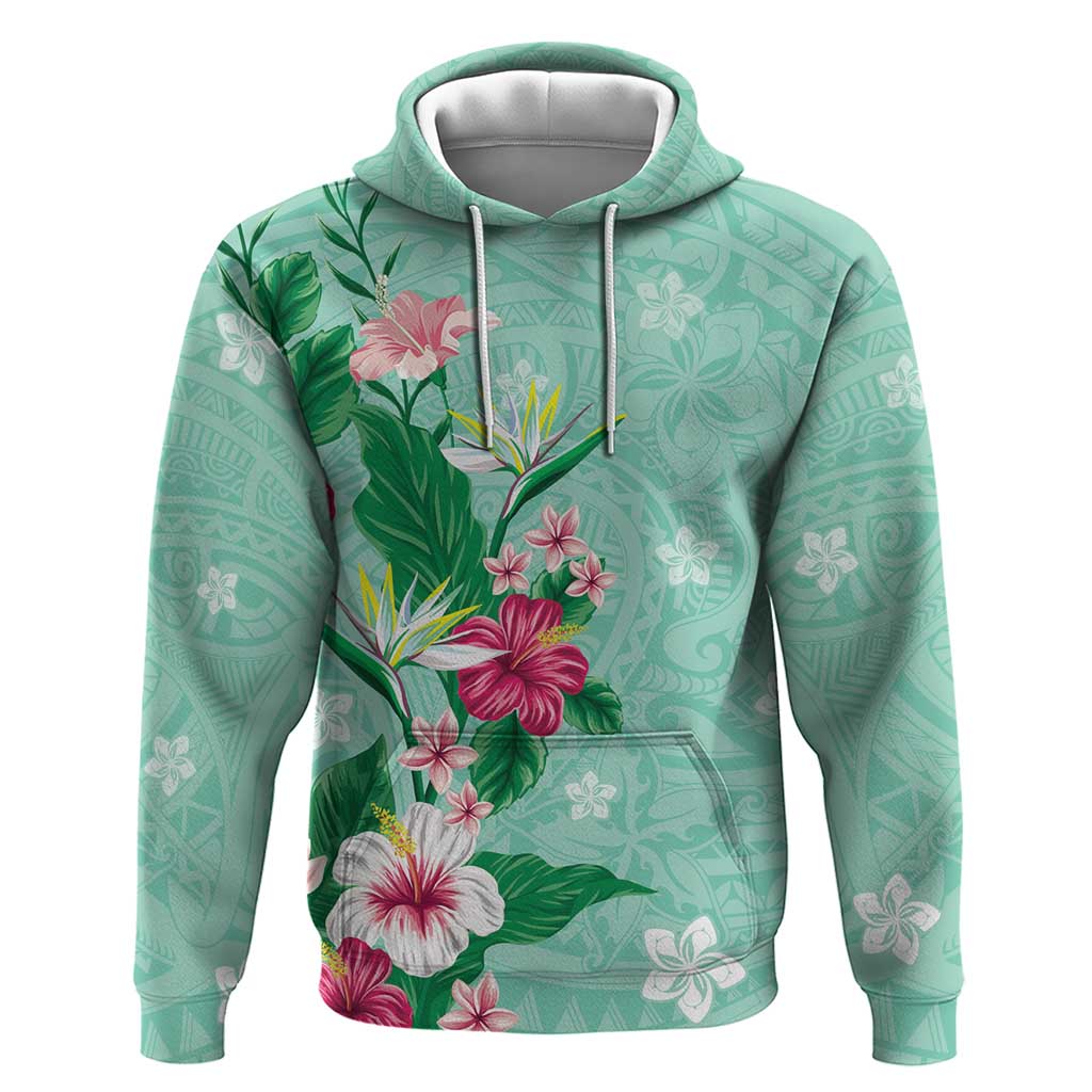 Hawaii Tropical Flowers Hoodie Polynesian Tattoo Mint Green