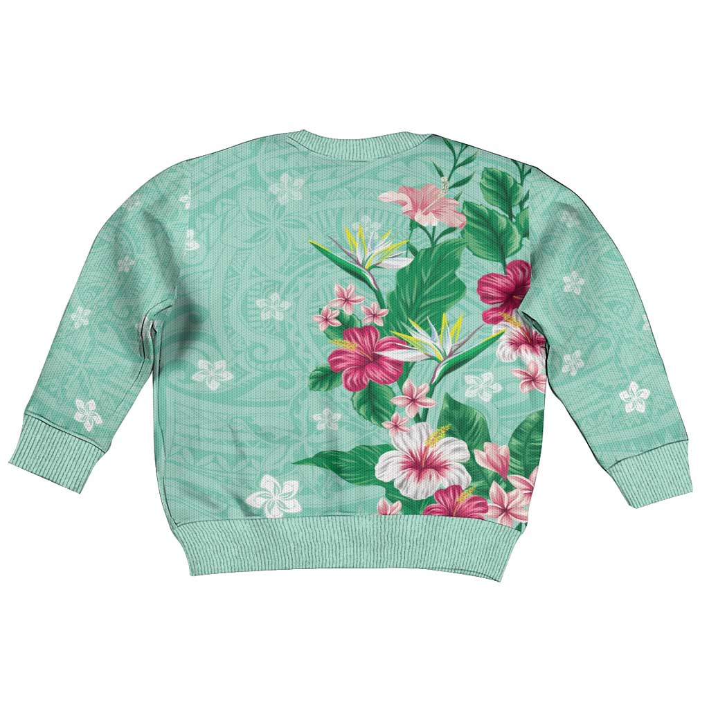 Hawaii Tropical Flowers Kid Ugly Christmas Sweater Polynesian Tattoo Mint Green