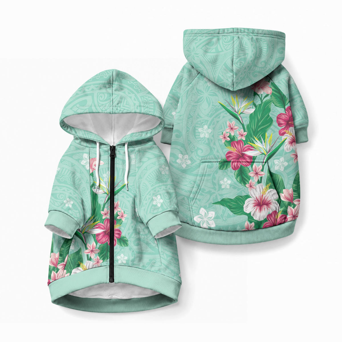 Hawaii Tropical Flowers Pet Hoodie Polynesian Tattoo Mint Green LT05 Zip-up Green - Polynesian Pride