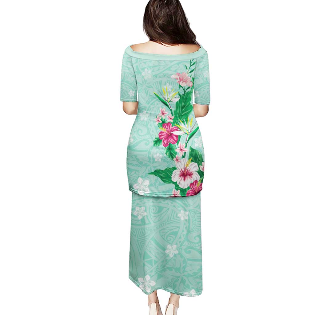 Hawaii Tropical Flowers Puletasi Polynesian Tattoo Mint Green