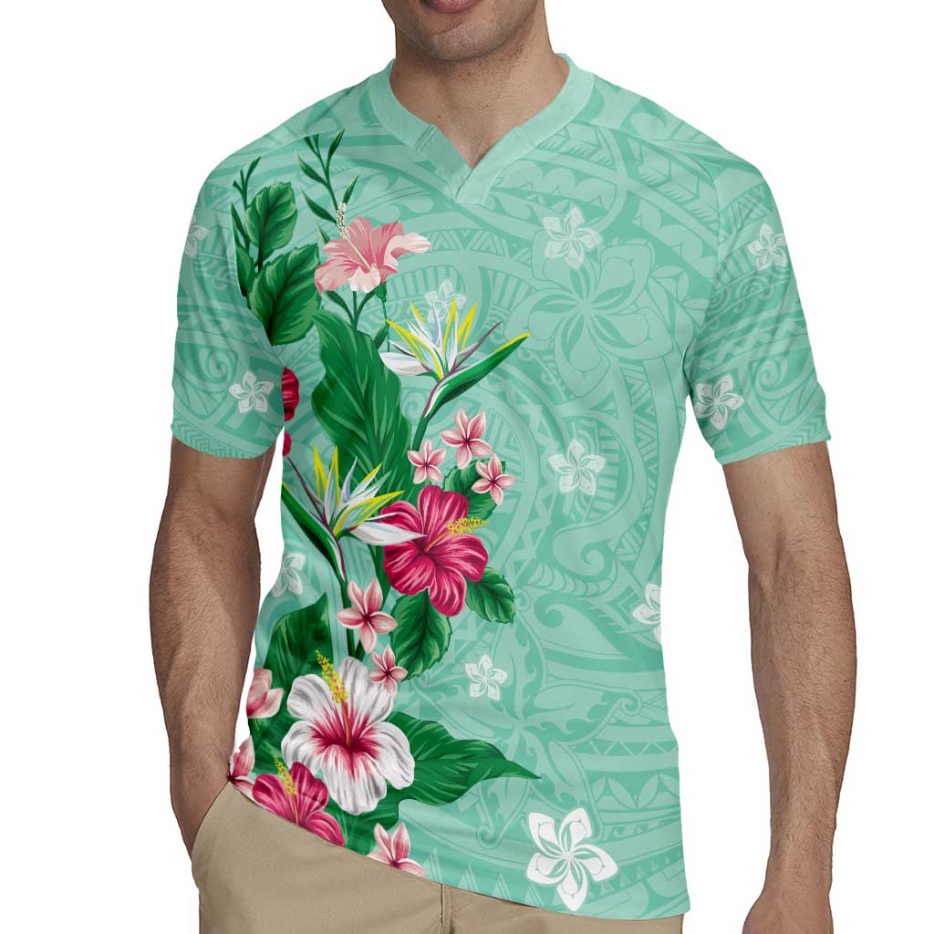 Hawaii Tropical Flowers Rugby Jersey Polynesian Tattoo Mint Green