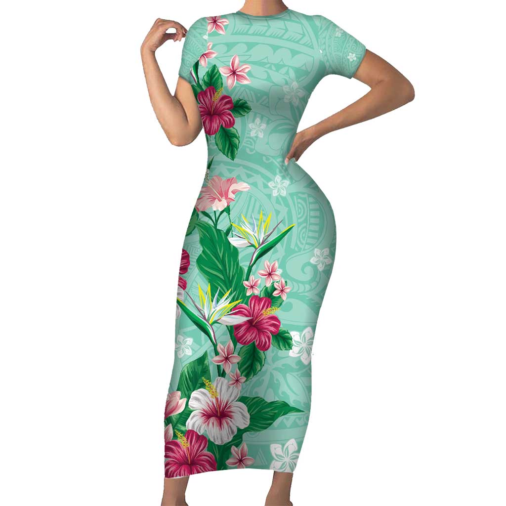 Hawaii Tropical Flowers Short Sleeve Bodycon Dress Polynesian Tattoo Mint Green LT05 Long Dress Green - Polynesian Pride