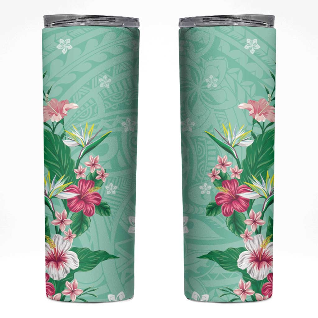 Hawaii Tropical Flowers Skinny Tumbler Polynesian Tattoo Mint Green