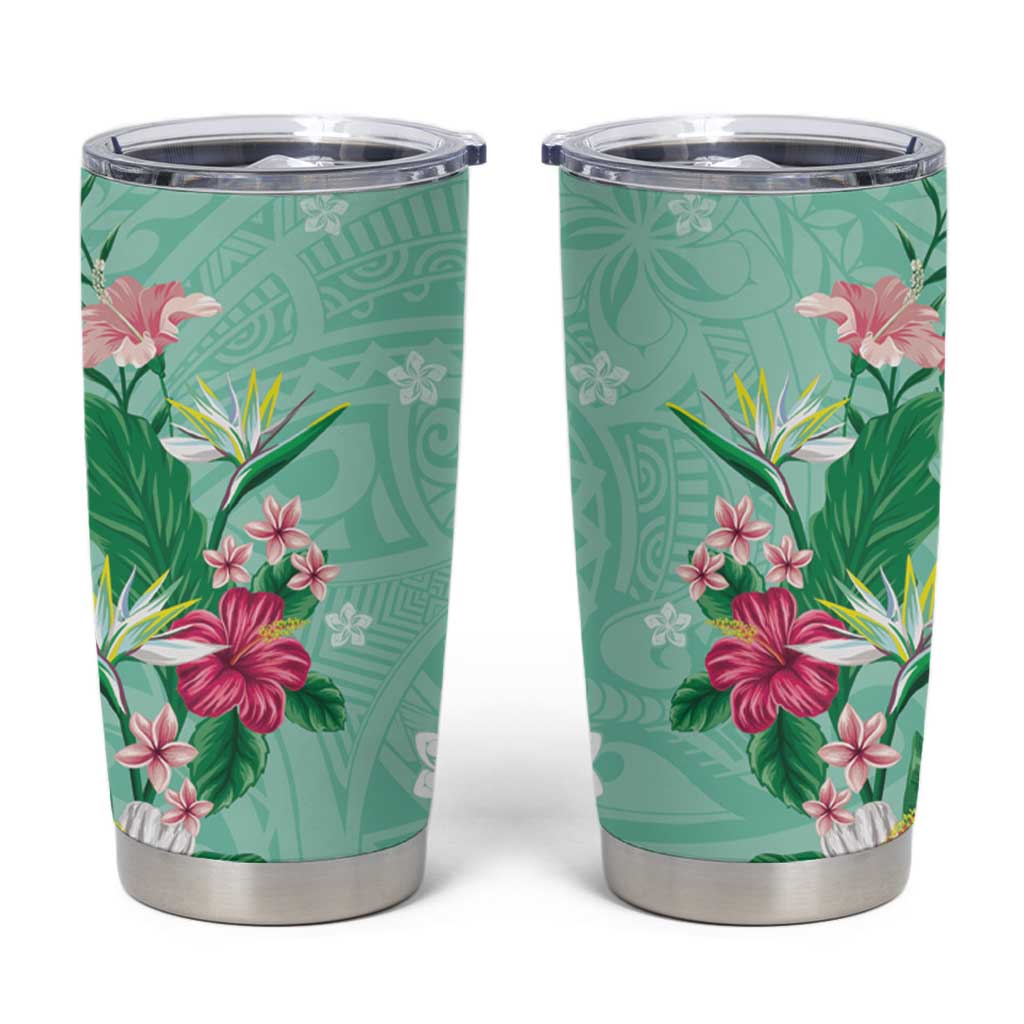 Hawaii Tropical Flowers Tumbler Cup Polynesian Tattoo Mint Green