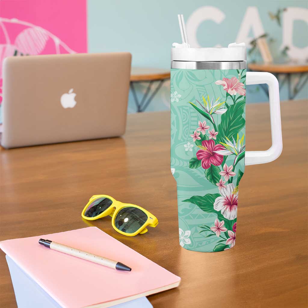 Hawaii Tropical Flowers Tumbler With Handle Polynesian Tattoo Mint Green