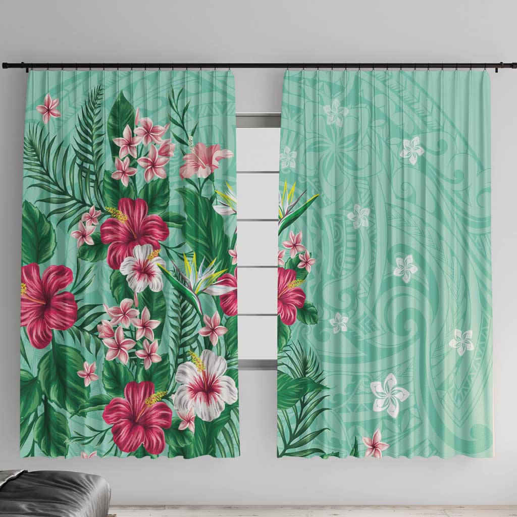 Hawaii Tropical Flowers Window Curtain Polynesian Tattoo Mint Green