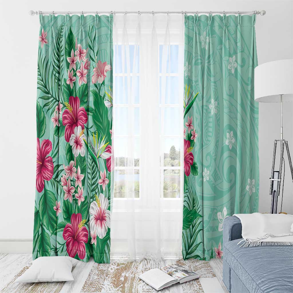 Hawaii Tropical Flowers Window Curtain Polynesian Tattoo Mint Green