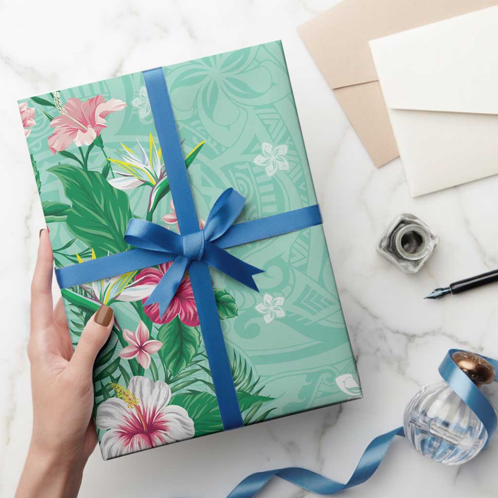 Hawaii Tropical Flowers Wrapping Paper Polynesian Tattoo Mint Green - Polynesian Pride