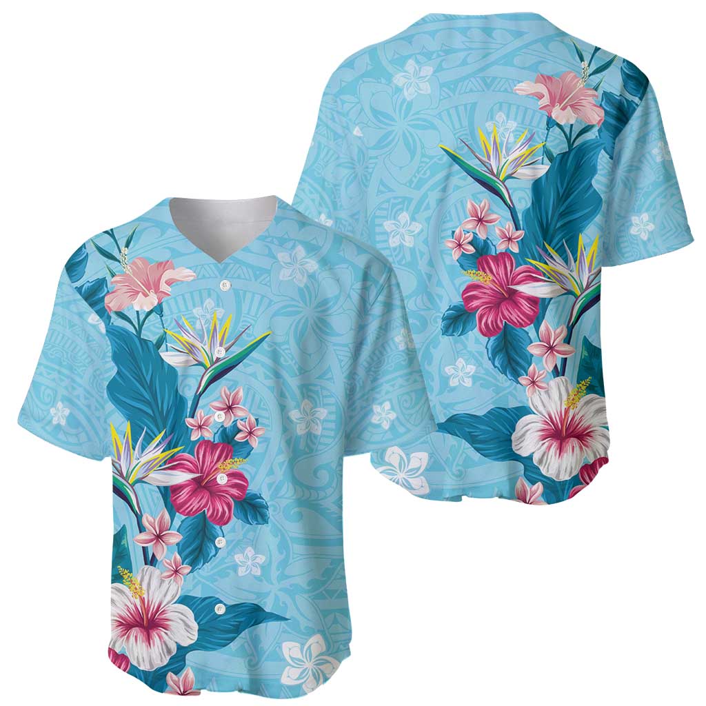 Hawaii Tropical Flowers Baseball Jersey Polynesian Tattoo Sky Blue
