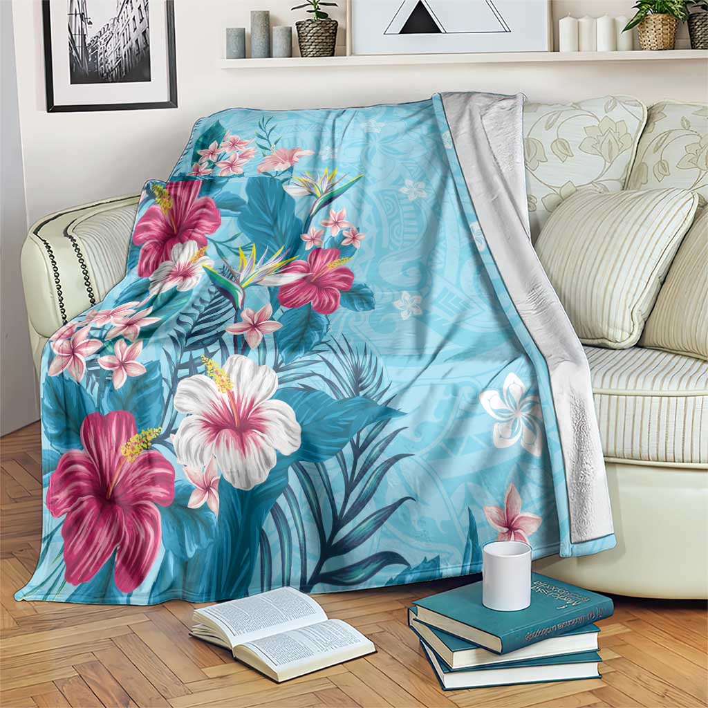 Hawaii Tropical Flowers Blanket Polynesian Tattoo Sky Blue