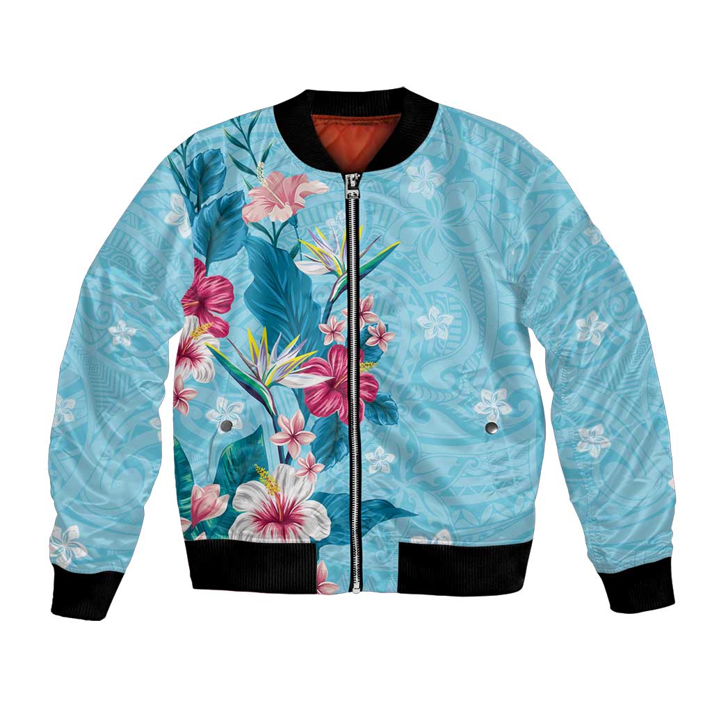 Hawaii Tropical Flowers Bomber Jacket Polynesian Tattoo Sky Blue LT05 Unisex Blue - Polynesian Pride