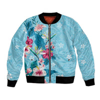 Hawaii Tropical Flowers Bomber Jacket Polynesian Tattoo Sky Blue LT05 Unisex Blue - Polynesian Pride