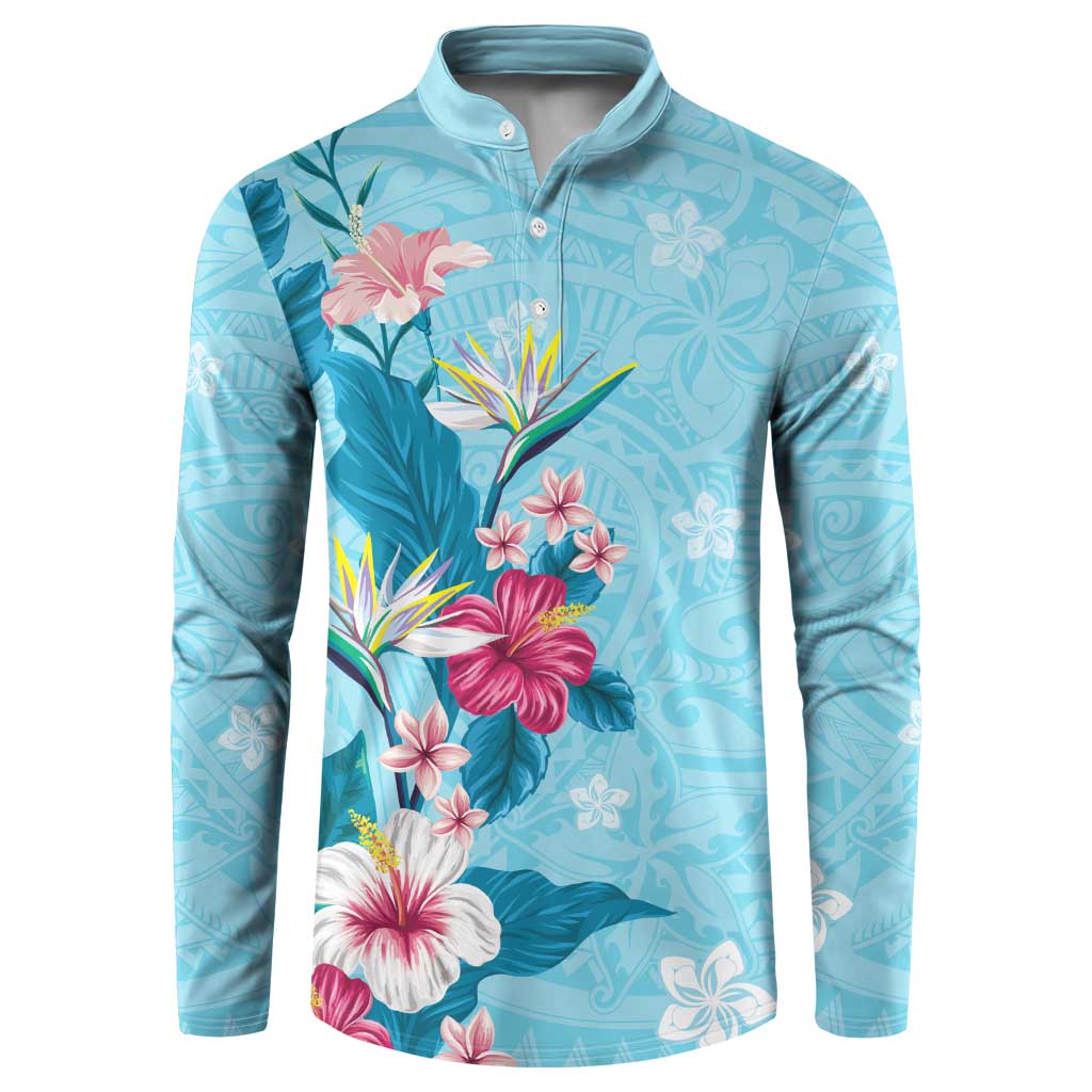 Hawaii Tropical Flowers Button Sweatshirt Polynesian Tattoo Sky Blue LT05 Blue - Polynesian Pride