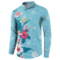 Hawaii Tropical Flowers Button Sweatshirt Polynesian Tattoo Sky Blue LT05 - Polynesian Pride