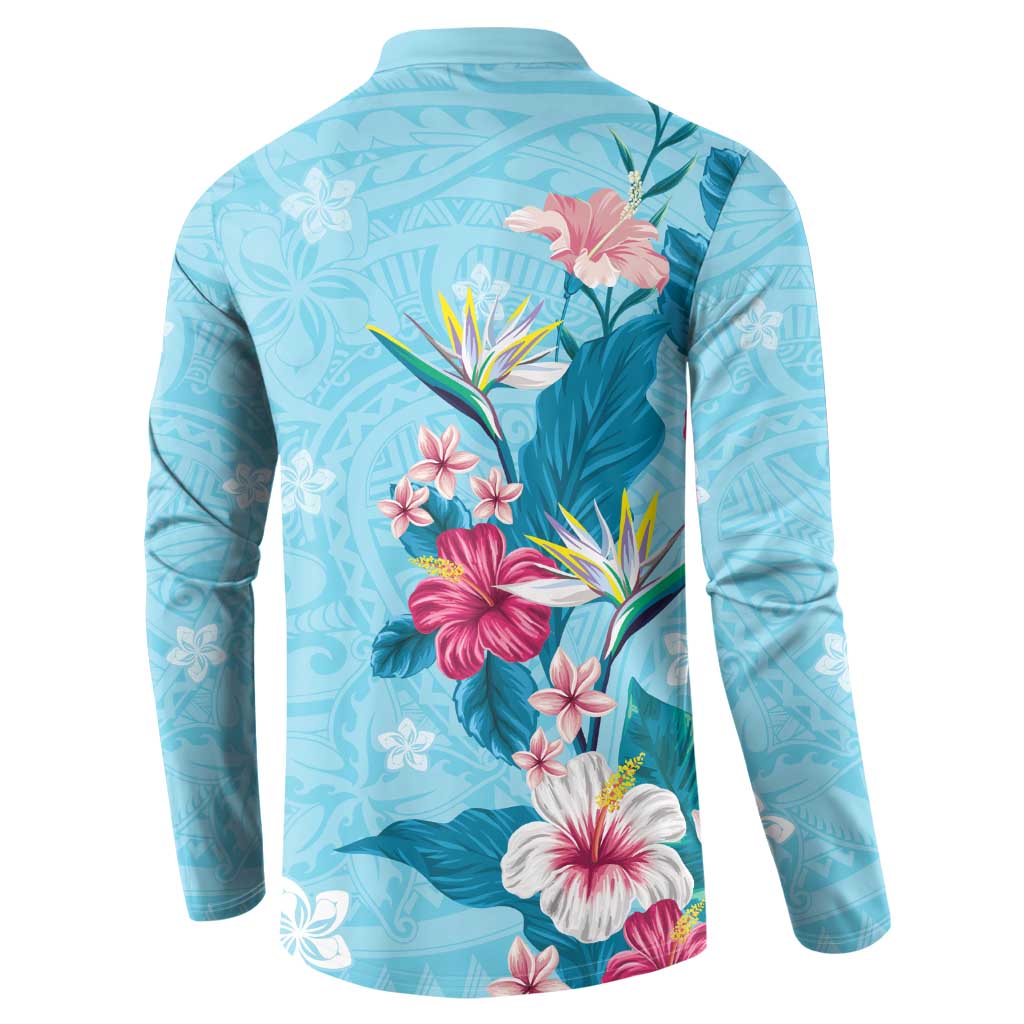 Hawaii Tropical Flowers Button Sweatshirt Polynesian Tattoo Sky Blue LT05 - Polynesian Pride
