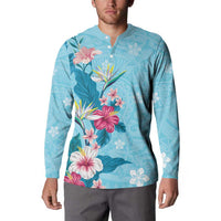 Hawaii Tropical Flowers Button Sweatshirt Polynesian Tattoo Sky Blue LT05 - Polynesian Pride