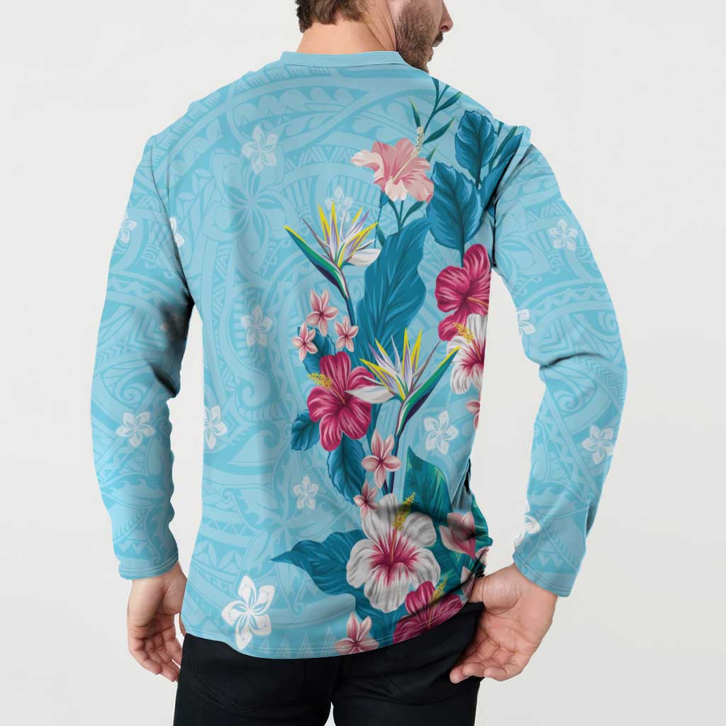 Hawaii Tropical Flowers Button Sweatshirt Polynesian Tattoo Sky Blue LT05 - Polynesian Pride