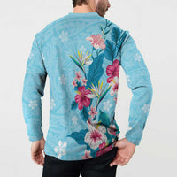 Hawaii Tropical Flowers Button Sweatshirt Polynesian Tattoo Sky Blue LT05 - Polynesian Pride