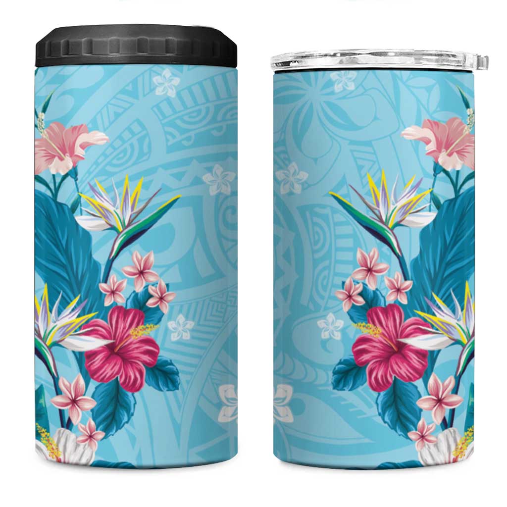 Hawaii Tropical Flowers 4 in 1 Can Cooler Tumbler Polynesian Tattoo Sky Blue