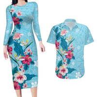 Hawaii Tropical Flowers Couples Matching Long Sleeve Bodycon Dress and Hawaiian Shirt Polynesian Tattoo Sky Blue
