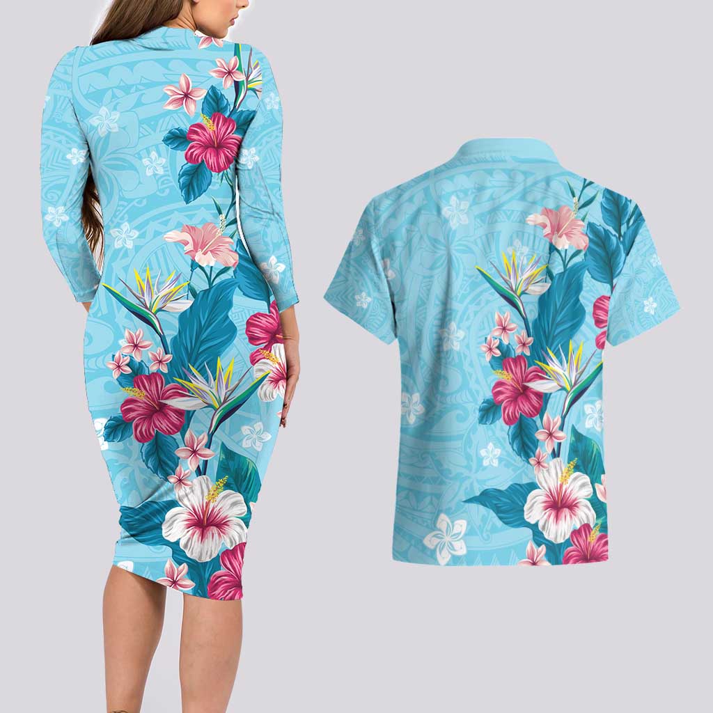 Hawaii Tropical Flowers Couples Matching Long Sleeve Bodycon Dress and Hawaiian Shirt Polynesian Tattoo Sky Blue