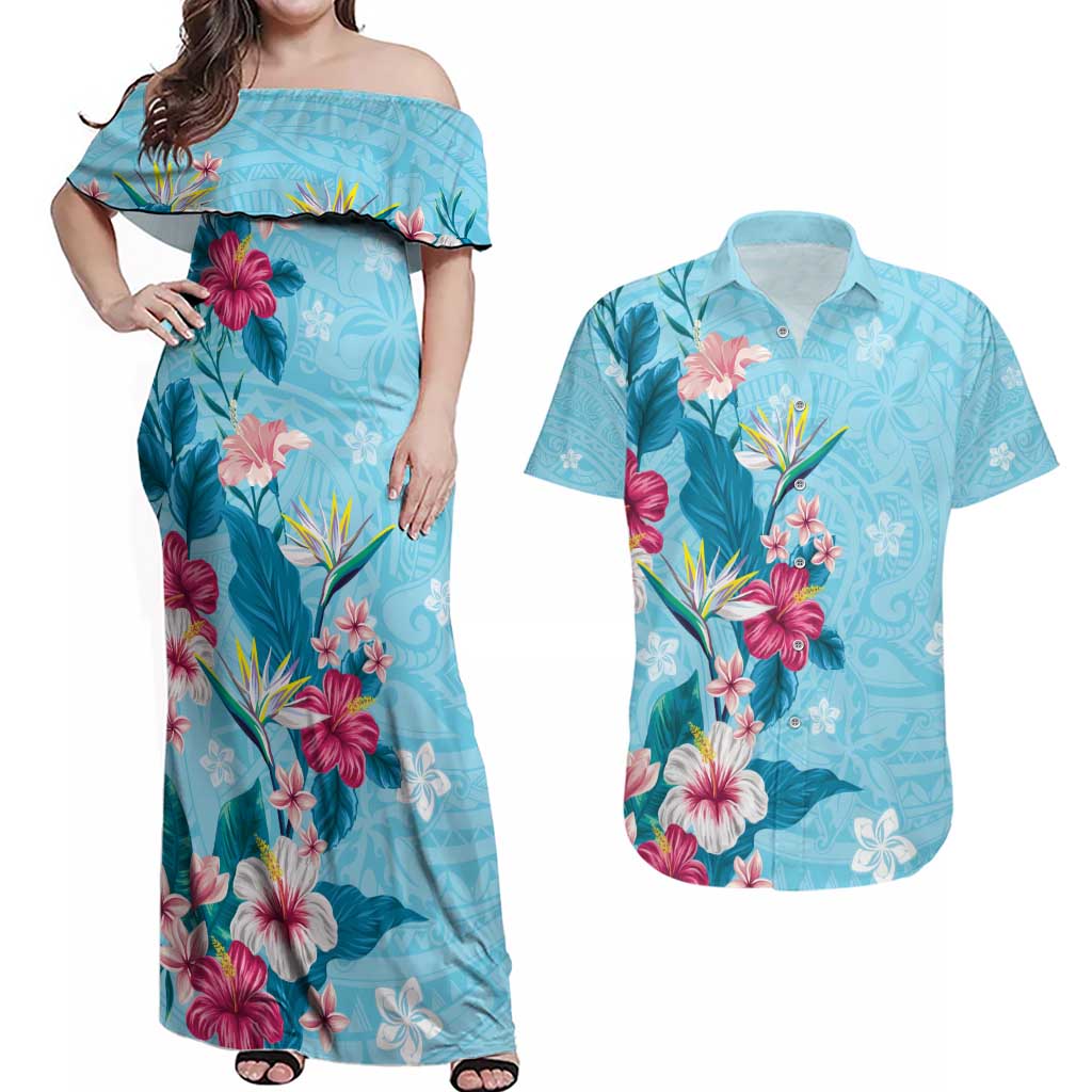 Hawaii Tropical Flowers Couples Matching Off Shoulder Maxi Dress and Hawaiian Shirt Polynesian Tattoo Sky Blue