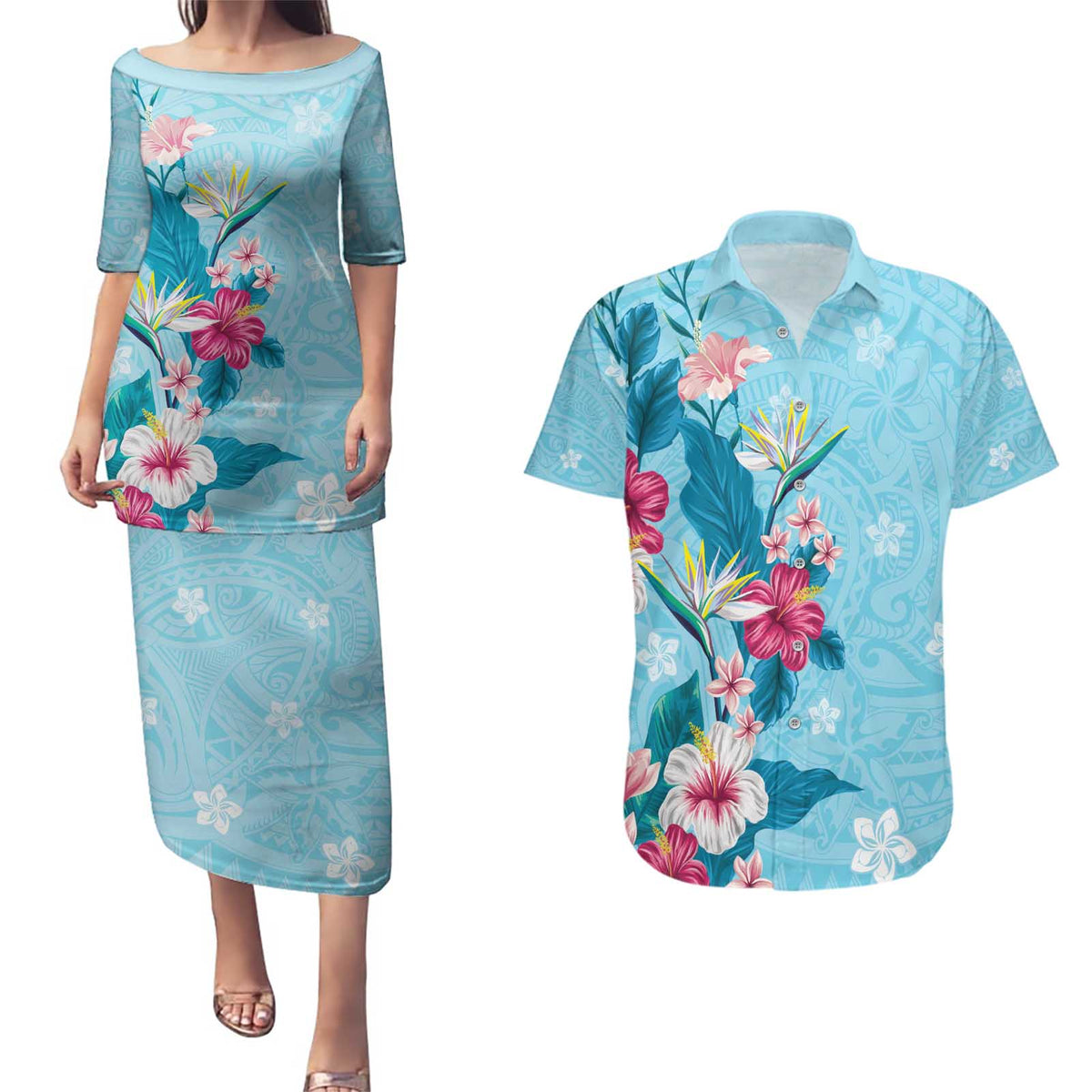 Hawaii Tropical Flowers Couples Matching Puletasi and Hawaiian Shirt Polynesian Tattoo Sky Blue LT05 Blue - Polynesian Pride