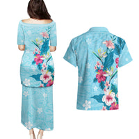 Hawaii Tropical Flowers Couples Matching Puletasi and Hawaiian Shirt Polynesian Tattoo Sky Blue LT05 - Polynesian Pride