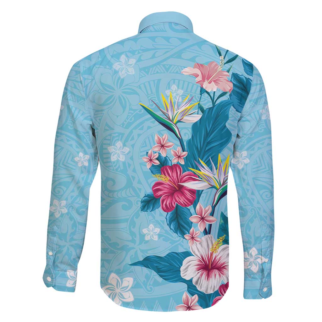 Hawaii Tropical Flowers Family Matching Long Sleeve Bodycon Dress and Hawaiian Shirt Polynesian Tattoo Sky Blue