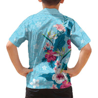 Hawaii Tropical Flowers Family Matching Short Sleeve Bodycon Dress and Hawaiian Shirt Polynesian Tattoo Sky Blue LT05 - Polynesian Pride