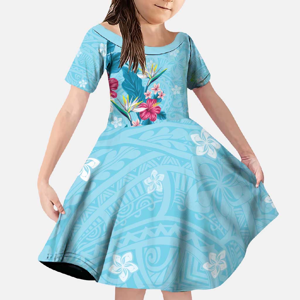 Hawaii Tropical Flowers Family Matching Short Sleeve Bodycon Dress and Hawaiian Shirt Polynesian Tattoo Sky Blue LT05 Daughter's Dress Blue - Polynesian Pride