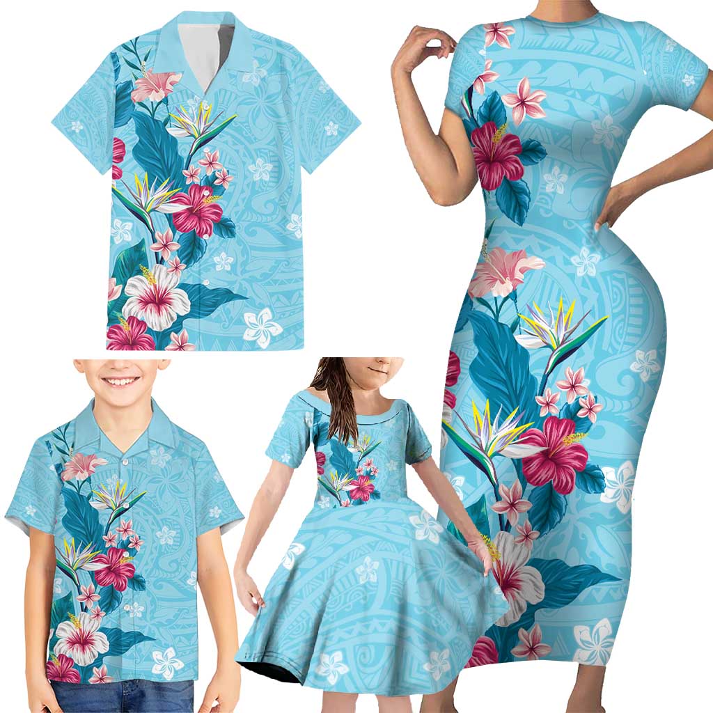 Hawaii Tropical Flowers Family Matching Short Sleeve Bodycon Dress and Hawaiian Shirt Polynesian Tattoo Sky Blue LT05 - Polynesian Pride