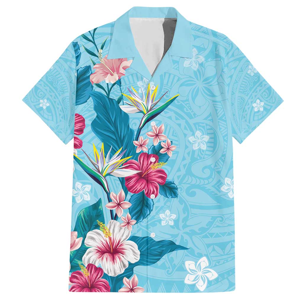 Hawaii Tropical Flowers Family Matching Short Sleeve Bodycon Dress and Hawaiian Shirt Polynesian Tattoo Sky Blue LT05 Dad's Shirt - Short Sleeve Blue - Polynesian Pride