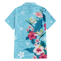 Hawaii Tropical Flowers Family Matching Short Sleeve Bodycon Dress and Hawaiian Shirt Polynesian Tattoo Sky Blue LT05 - Polynesian Pride