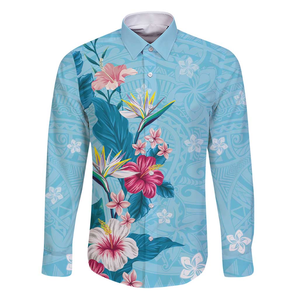 Hawaii Tropical Flowers Family Matching Short Sleeve Bodycon Dress and Hawaiian Shirt Polynesian Tattoo Sky Blue LT05 Dad's Shirt - Long Sleeve Blue - Polynesian Pride
