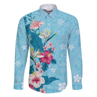 Hawaii Tropical Flowers Family Matching Short Sleeve Bodycon Dress and Hawaiian Shirt Polynesian Tattoo Sky Blue LT05 Dad's Shirt - Long Sleeve Blue - Polynesian Pride