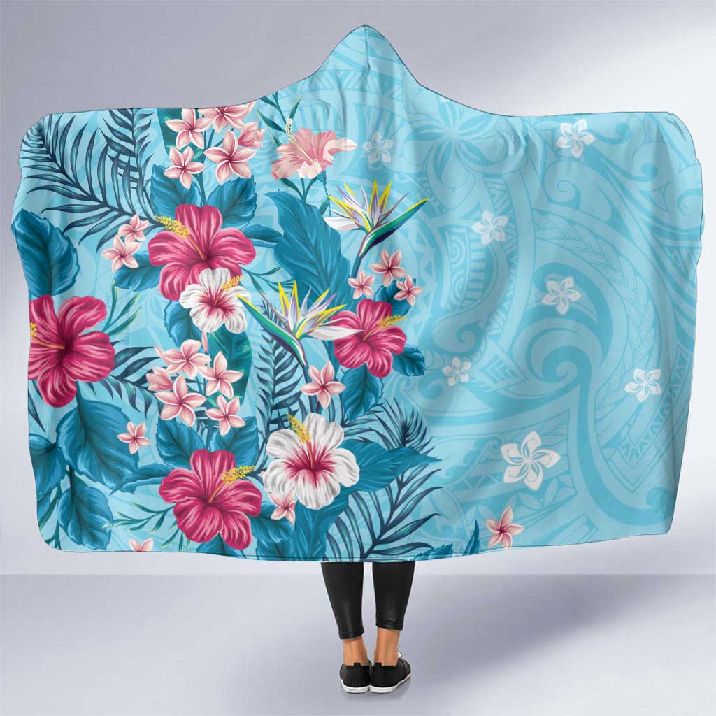 Hawaii Tropical Flowers Hooded Blanket Polynesian Tattoo Sky Blue