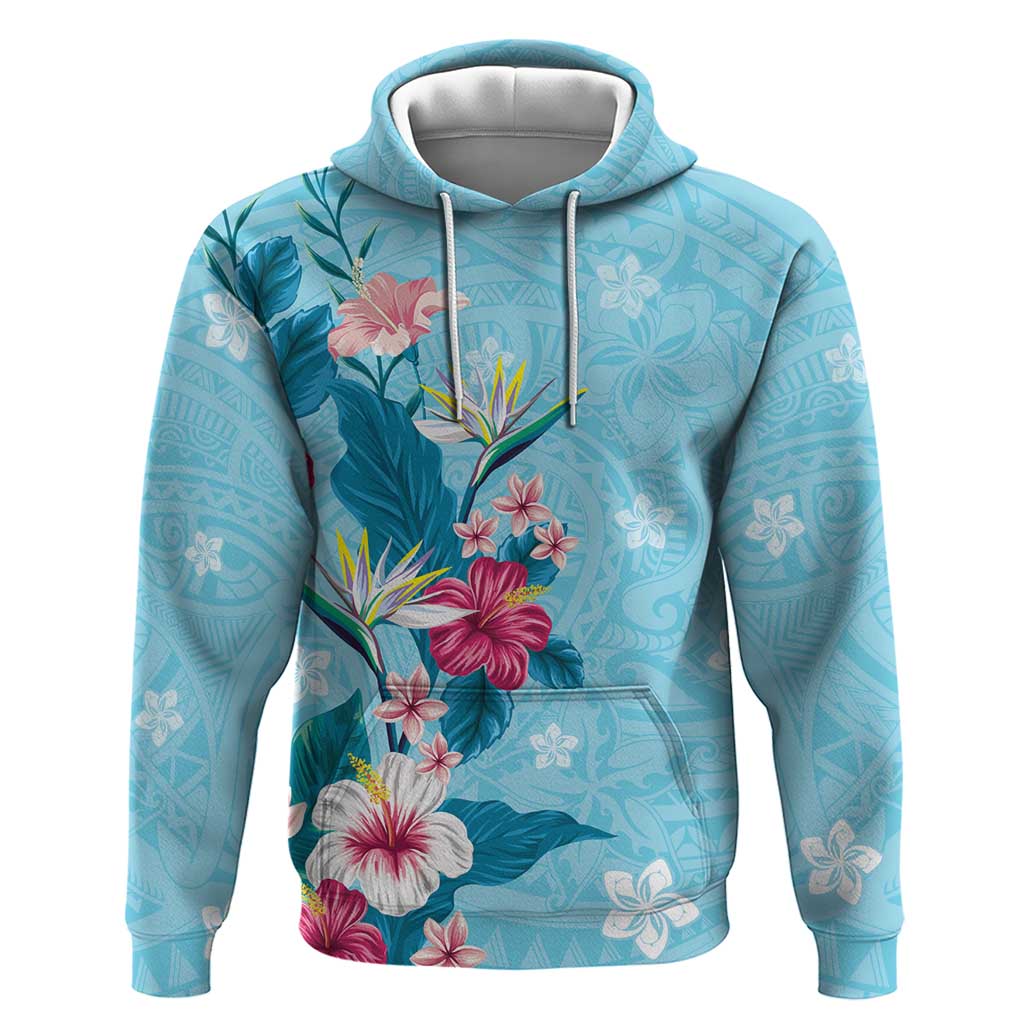 Hawaii Tropical Flowers Hoodie Polynesian Tattoo Sky Blue