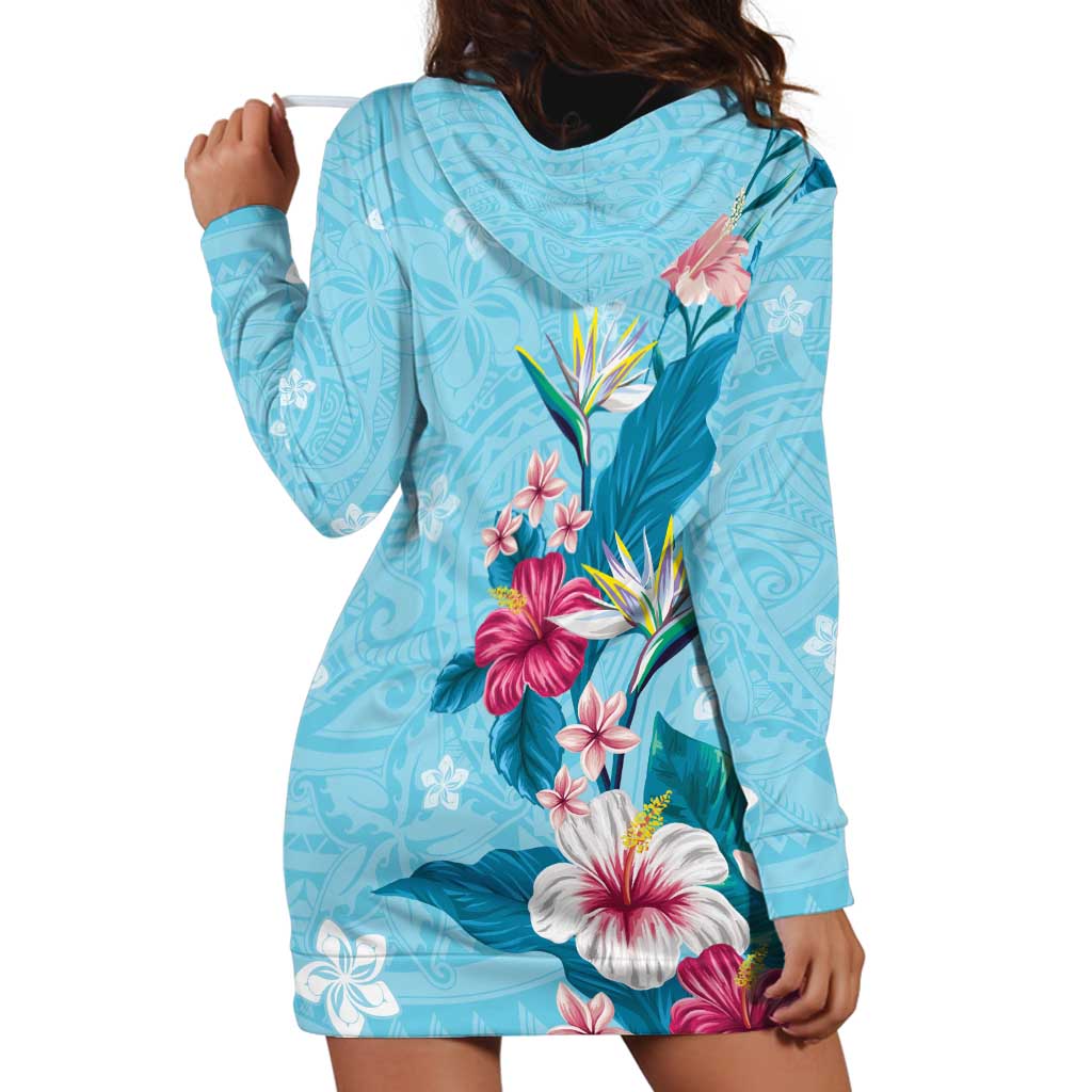 Hawaii Tropical Flowers Hoodie Dress Polynesian Tattoo Sky Blue