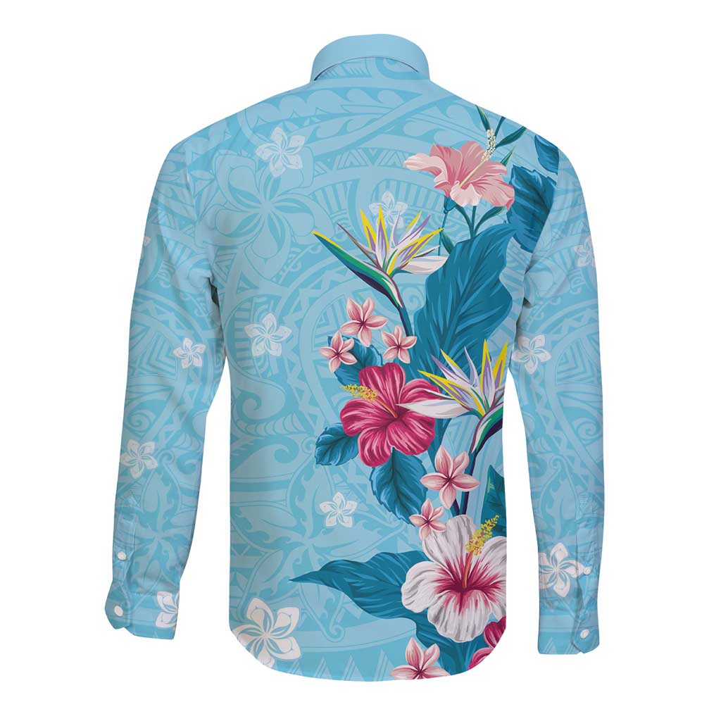 Hawaii Tropical Flowers Long Sleeve Button Shirt Polynesian Tattoo Sky Blue