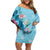 Hawaii Tropical Flowers Off Shoulder Short Dress Polynesian Tattoo Sky Blue