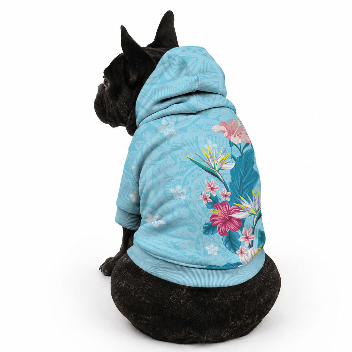 Hawaii Tropical Flowers Pet Hoodie Polynesian Tattoo Sky Blue